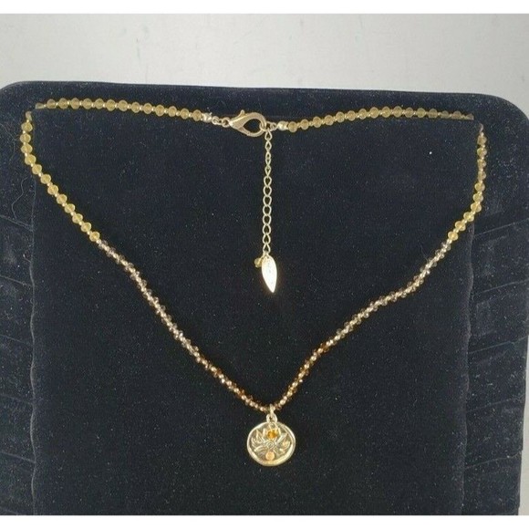 Coldwater Creek Necklace Yellow & Gold Tone Beaded Stamped Floral Pendant 19" - Picture 1 of 10